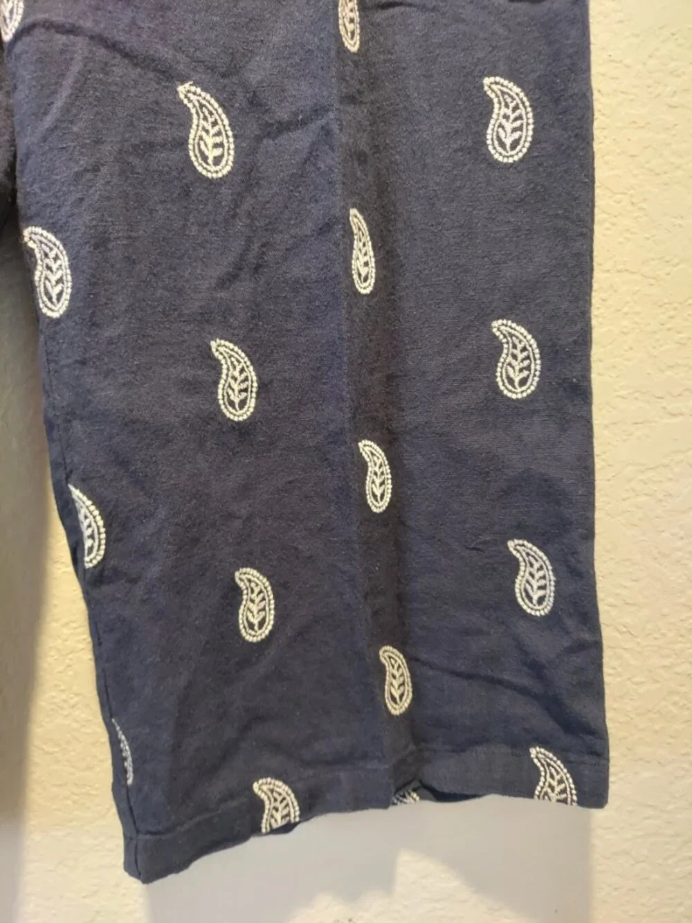 Calligraphie Linen Blend Paisley Wide Leg Cropped Pants Blue Coastal Nautical - Picture 10 of 13